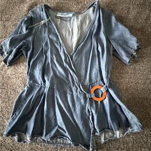 Denim Wrap Blouse with Orange Accent
